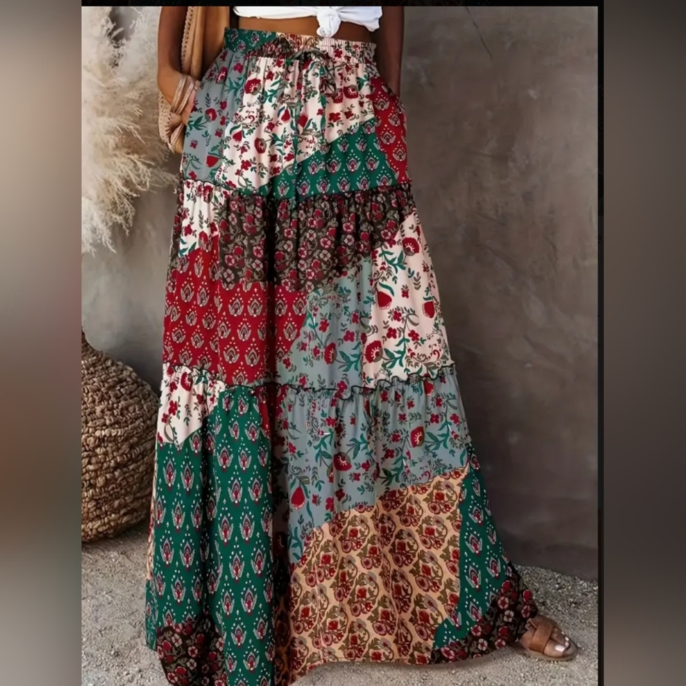 Skirt Maxi Patchwork Print Bohemian Long Pockets Skirts elastic Drawstring waist - Picture 2 of 7